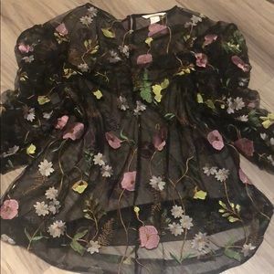 Embroidered Flower Sheer Puff Sleeve Top